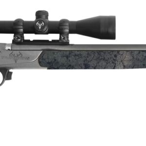 Bolt-action rifle with scope and gray camo stock