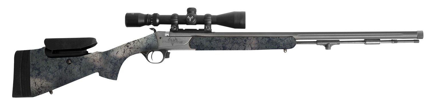 Bolt-action rifle with scope and gray camo stock