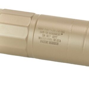 Tan rifle suppressor and black muzzle device