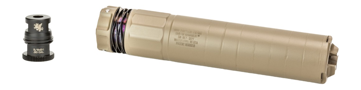 Tan rifle suppressor and black muzzle device