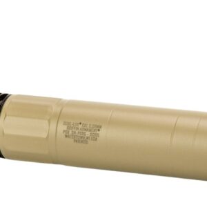 Two firearm suppressors in black and tan