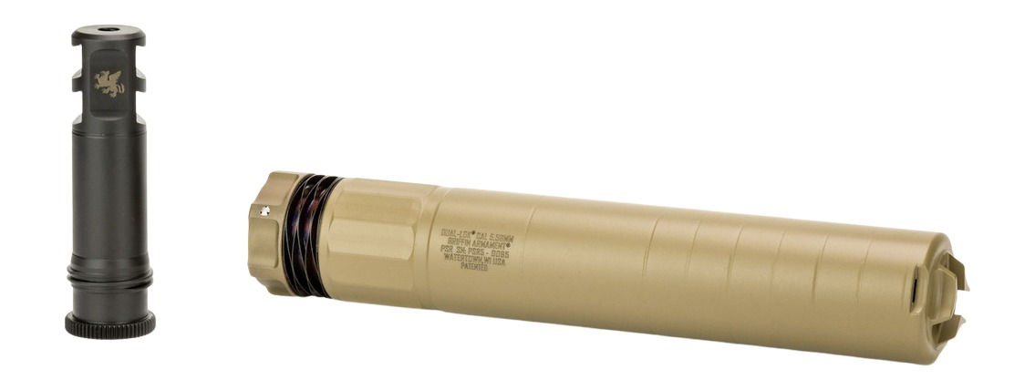 Two firearm suppressors in black and tan