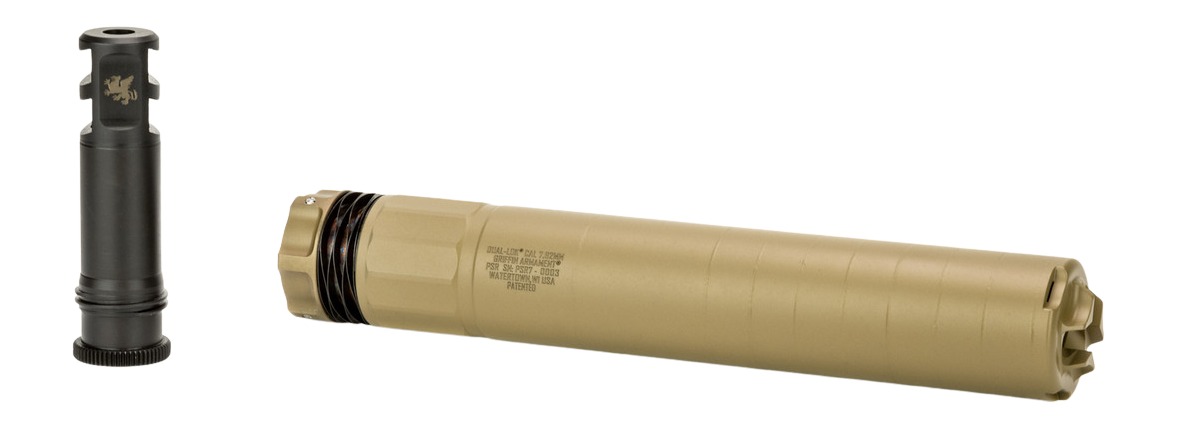 Rifle suppressor and muzzle device on white background