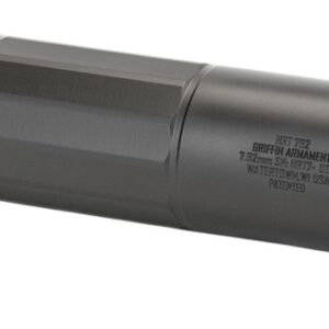 Rifle suppressor and mounting adapter on white background