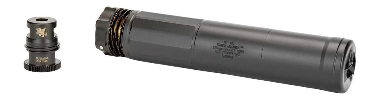 Rifle suppressor and mounting adapter on white background