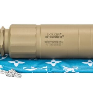 Tan rifle suppressor with mount and blue pouch