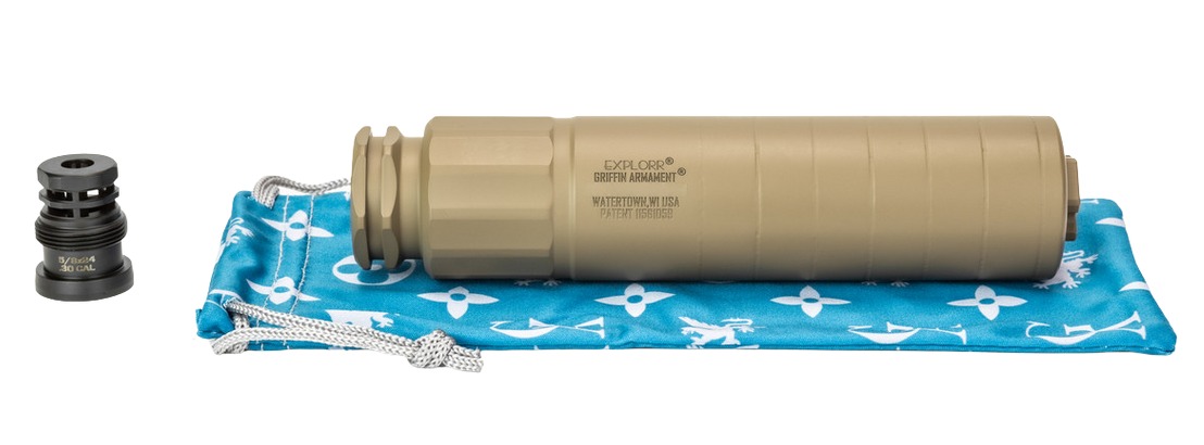 Tan rifle suppressor with mount and blue pouch