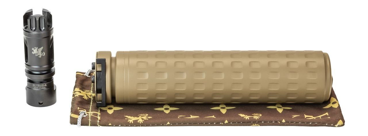 Rifle suppressor and muzzle device on pouch