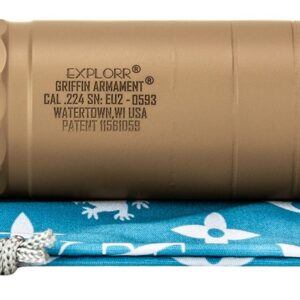 Tan firearm suppressor on blue drawstring pouch