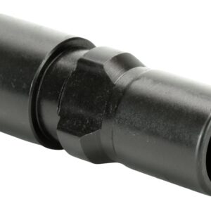 Black plastic hose connector fitting on white background