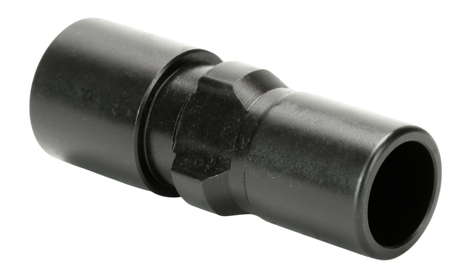 Black plastic hose connector fitting on white background