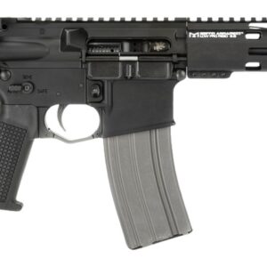Black AR-style rifle with short barrel and brace