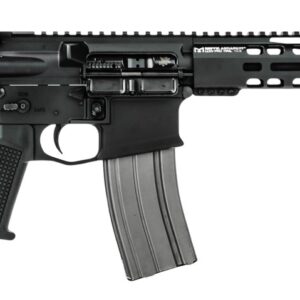 Black AR-style rifle with magazine on white background