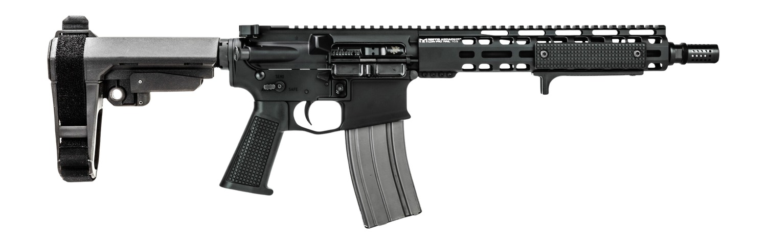 Black AR-style rifle with magazine on white background