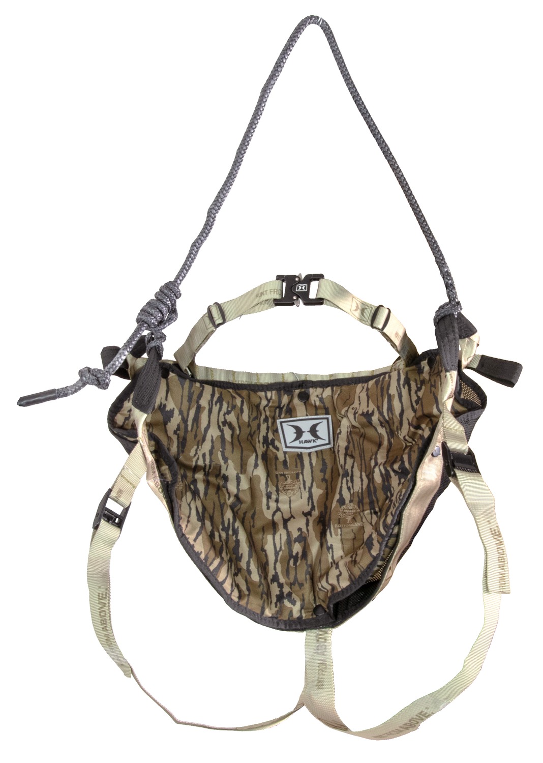 Camouflage hunting safety harness with straps and rope
