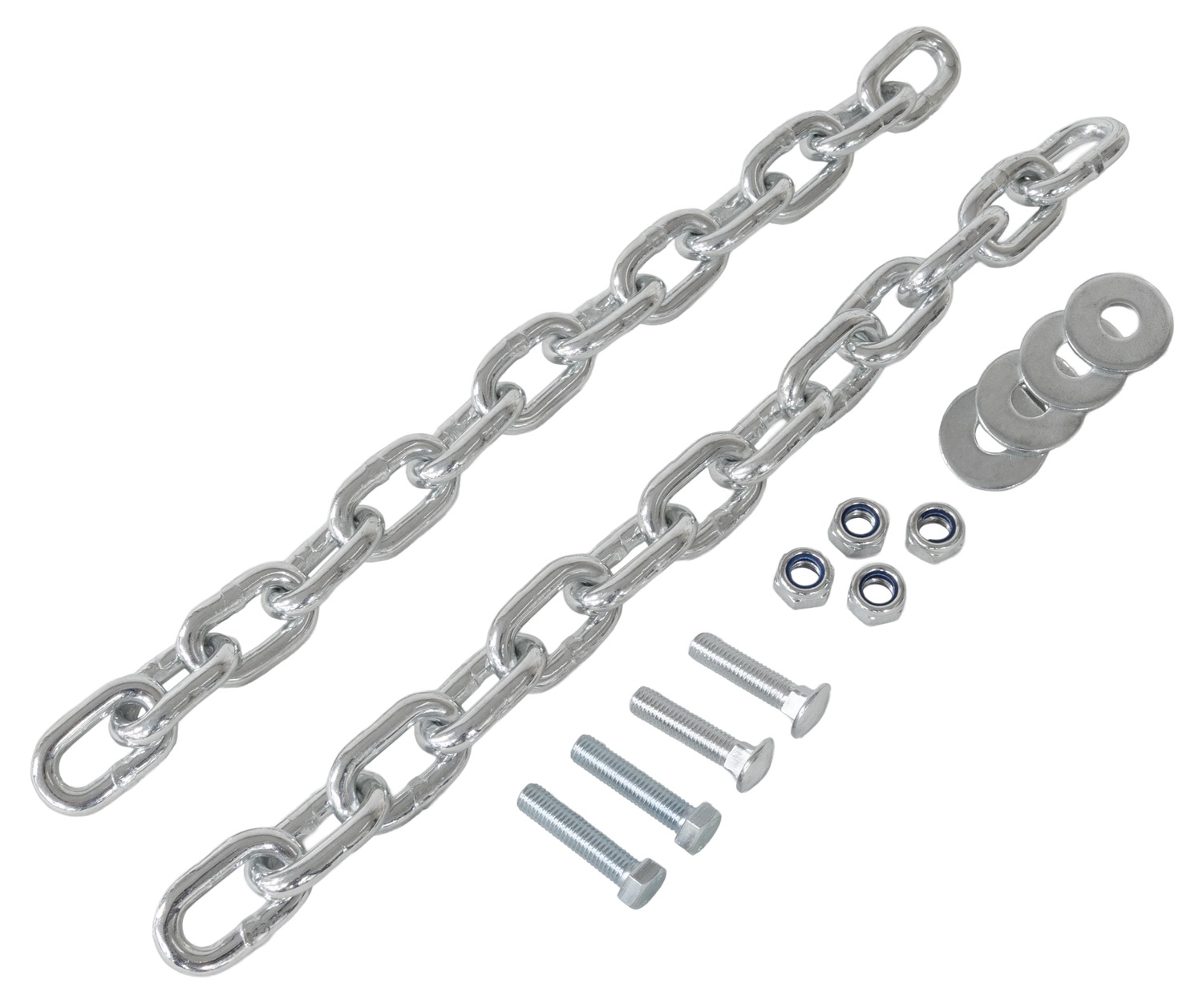 Two metal chains with bolts, nuts, washers