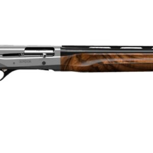 Wood-stocked semi-automatic shotgun on white background