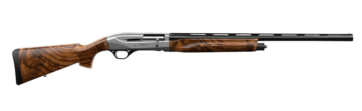 Wood-stocked semi-automatic shotgun on white background