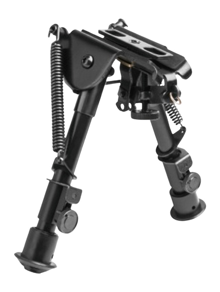 Black adjustable rifle bipod with spring legs