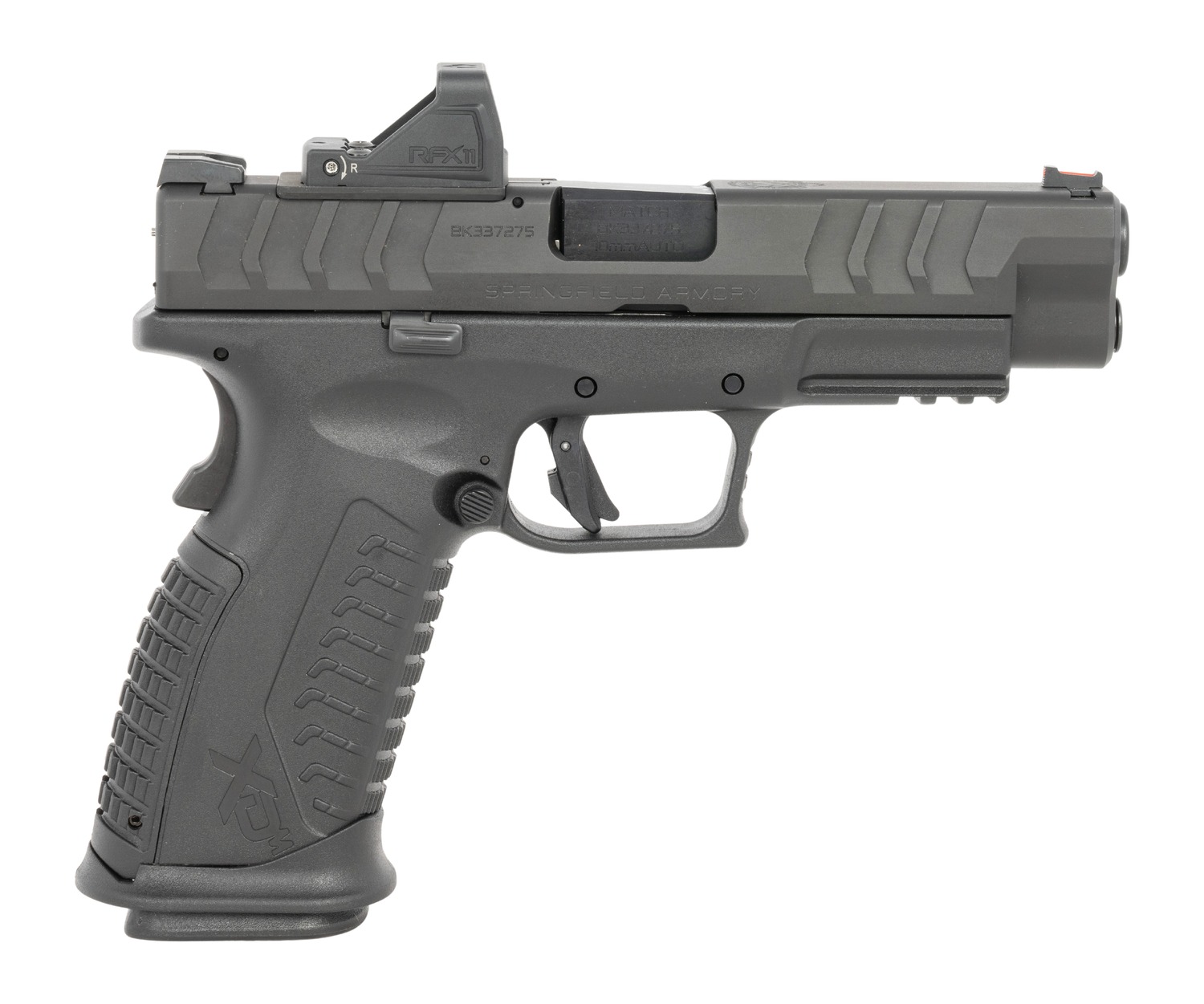 Black semi-automatic pistol with red dot sight