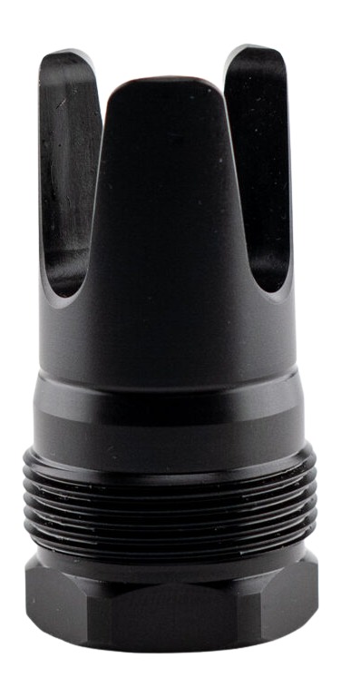 Black metal muzzle brake with threaded base