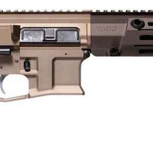 Compact tan AR-style pistol with suppressor attached
