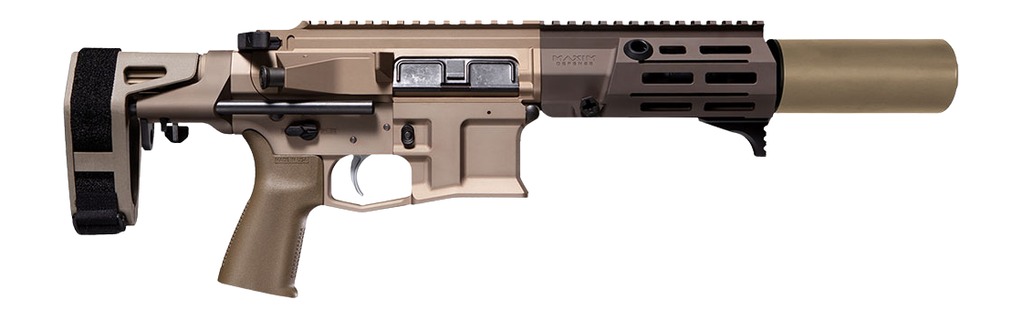 Compact tan AR-style pistol with suppressor attached