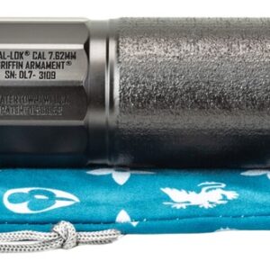 Rifle suppressor and mount on blue pouch