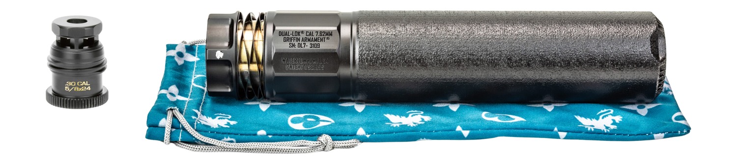 Rifle suppressor and mount on blue pouch