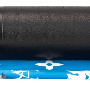 Black rifle suppressor on blue patterned cloth