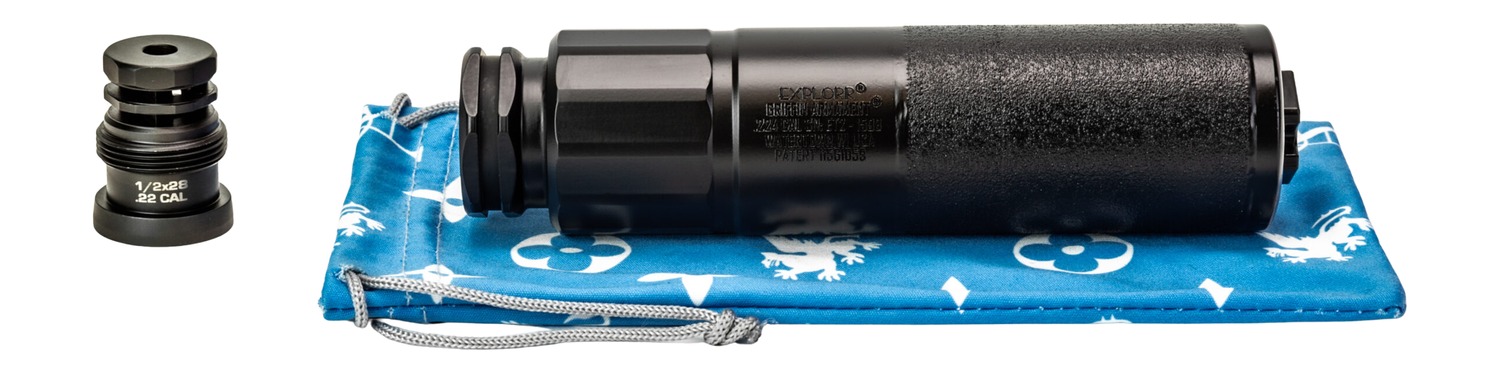 Black firearm suppressor with threaded adapter