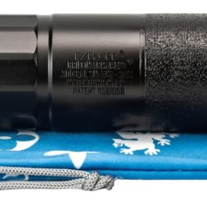 Black firearm suppressor with mounting adapter on pouch