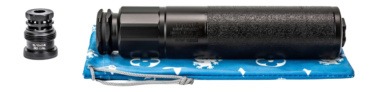 Black firearm suppressor with mounting adapter on pouch