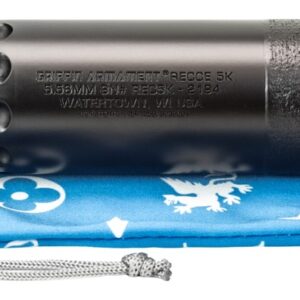 Rifle suppressor and threaded adapter on blue pouch