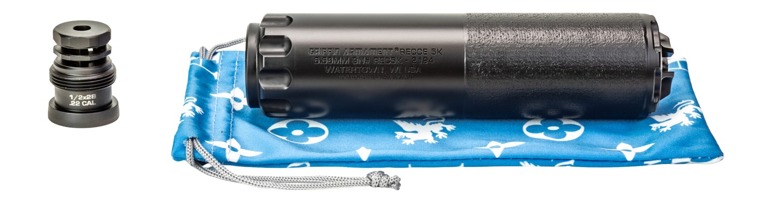 Rifle suppressor and threaded adapter on blue pouch