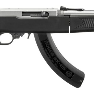 Black semi-automatic rifle with curved magazine