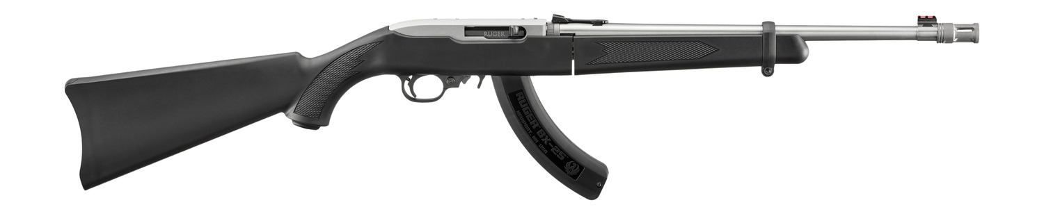Black semi-automatic rifle with curved magazine