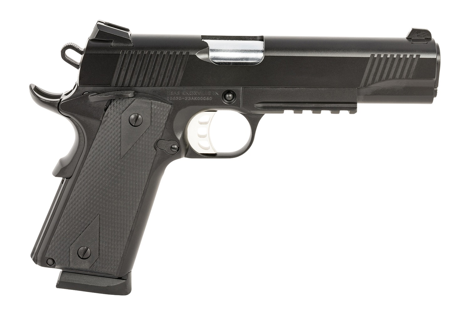 Black semi-automatic pistol isolated on white background