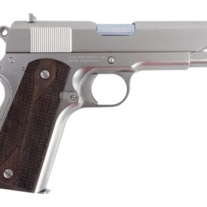 Silver semi-automatic handgun with wooden grip