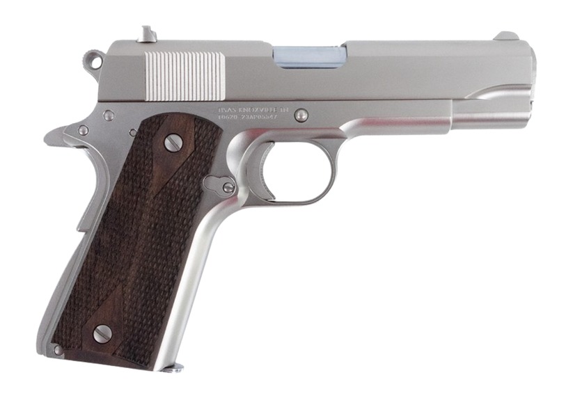 Silver semi-automatic handgun with wooden grip