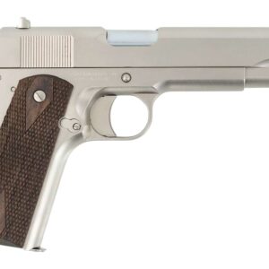Silver semi-automatic pistol with wooden grip