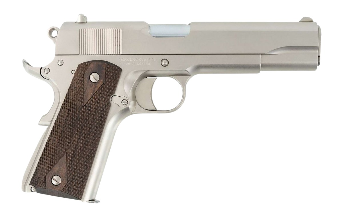 Silver semi-automatic pistol with wooden grip
