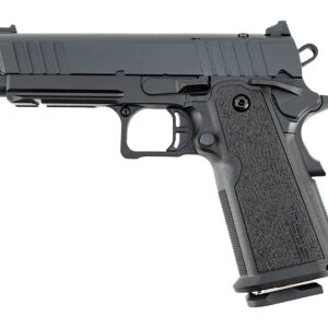 Black semi-automatic handgun on white background