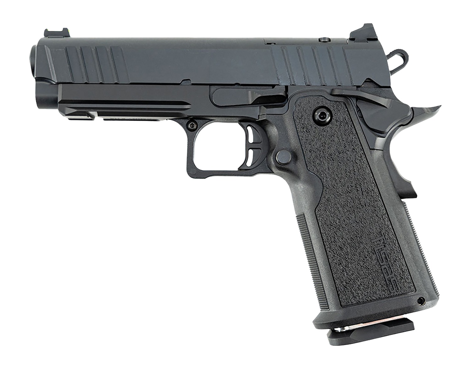 Black semi-automatic handgun on white background