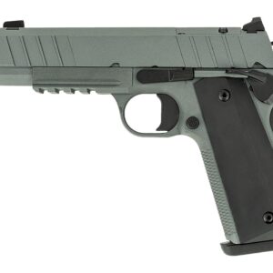 Green and black semi-automatic handgun on white background