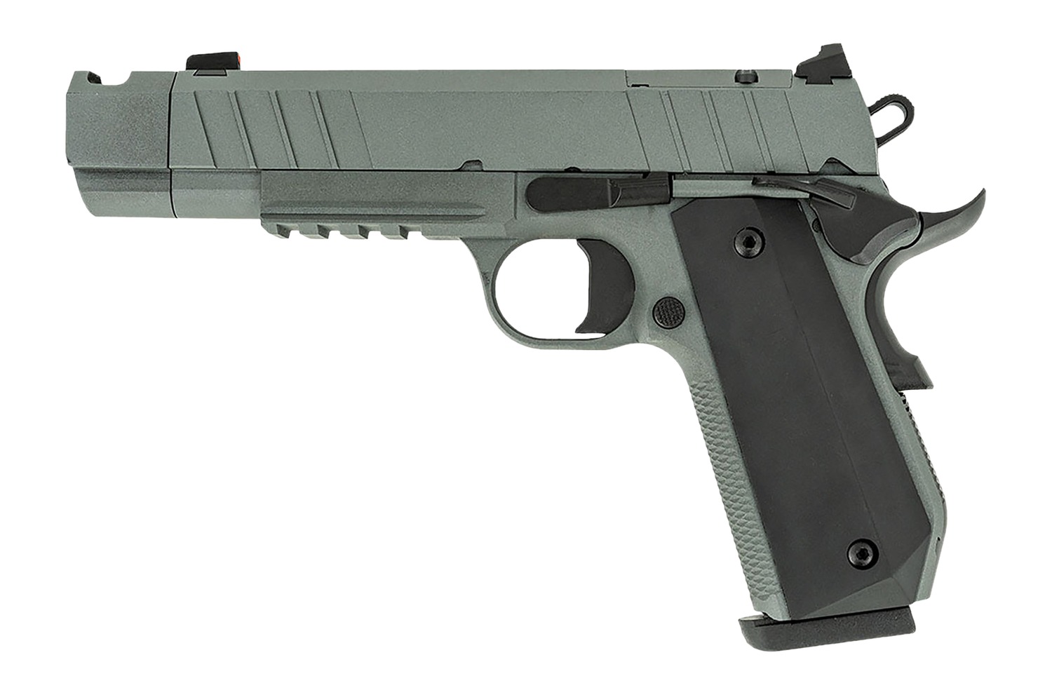 Green and black semi-automatic handgun on white background