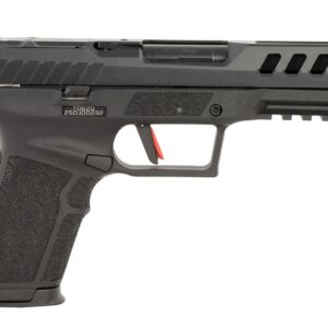 Black semi-automatic handgun on white background