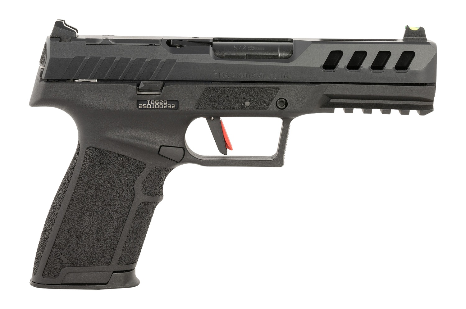 Black semi-automatic handgun on white background