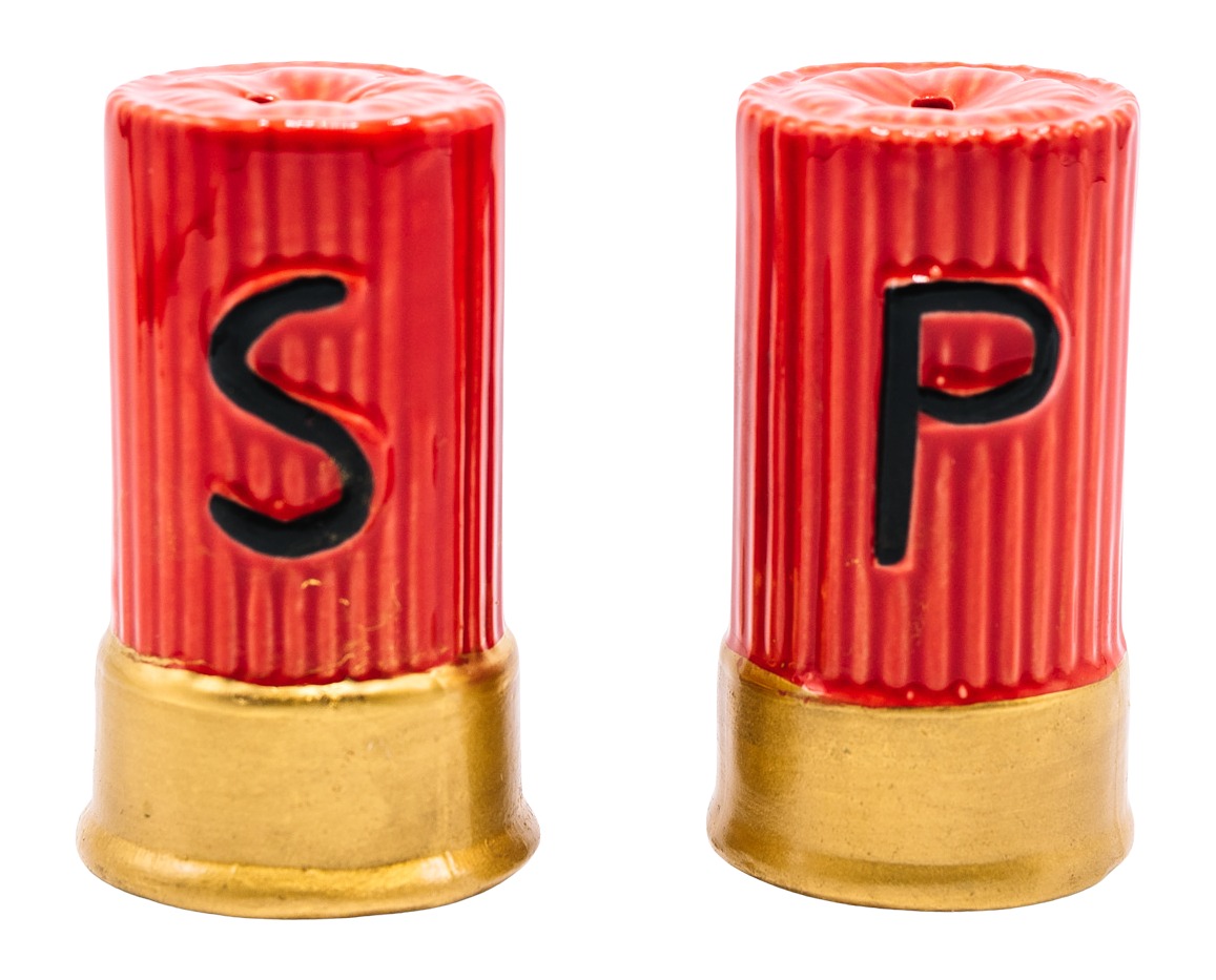 Shotgun shell shaped salt and pepper shakers