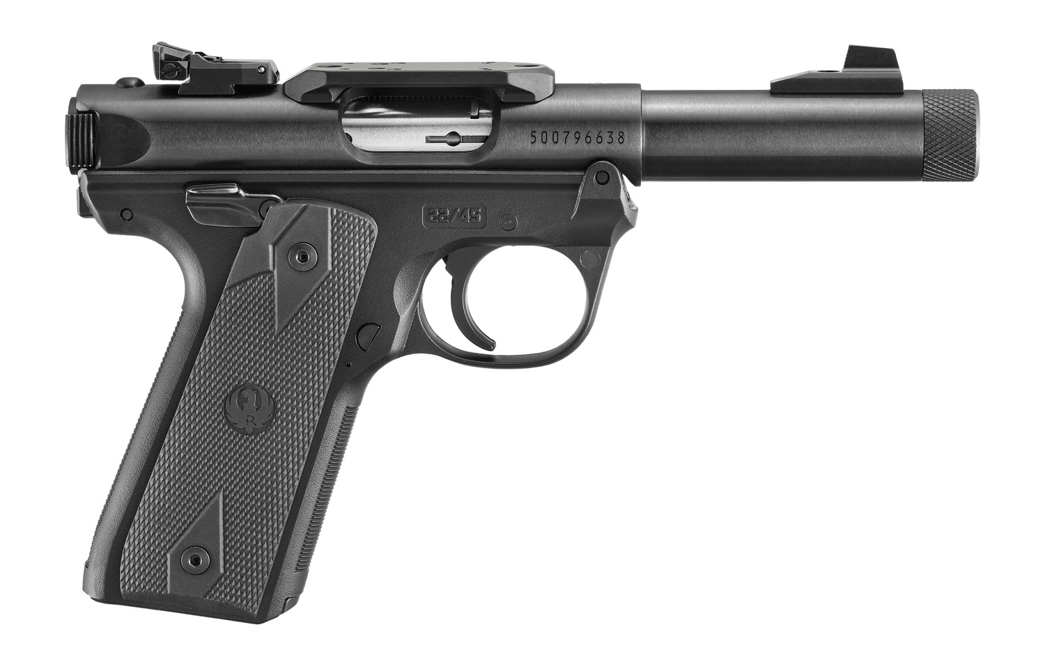 Black semi-automatic handgun isolated on white background